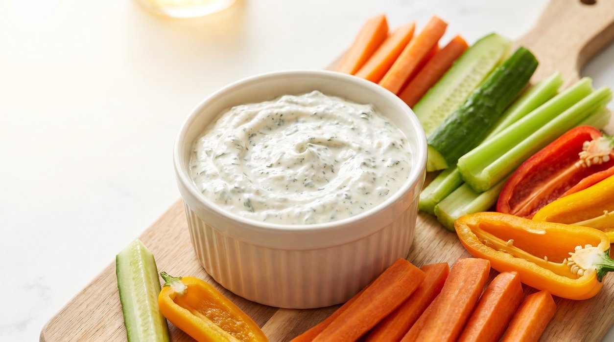 Greek yogurt ranch dip with carrots cucumber and peppers