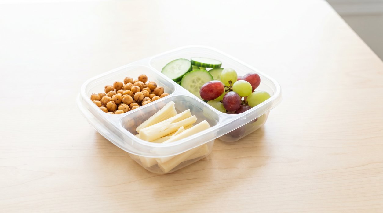 roasted chickpea and string cheese snack box with cucumber