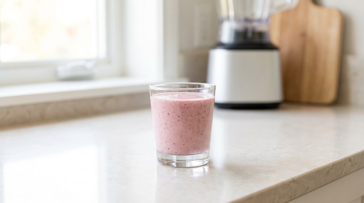 mini berry protein smoothie in a small glass