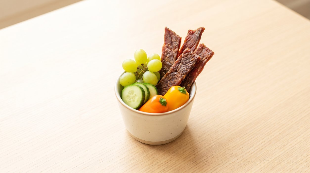 lower-sugar beef jerky snack cup with grapes and cucumber