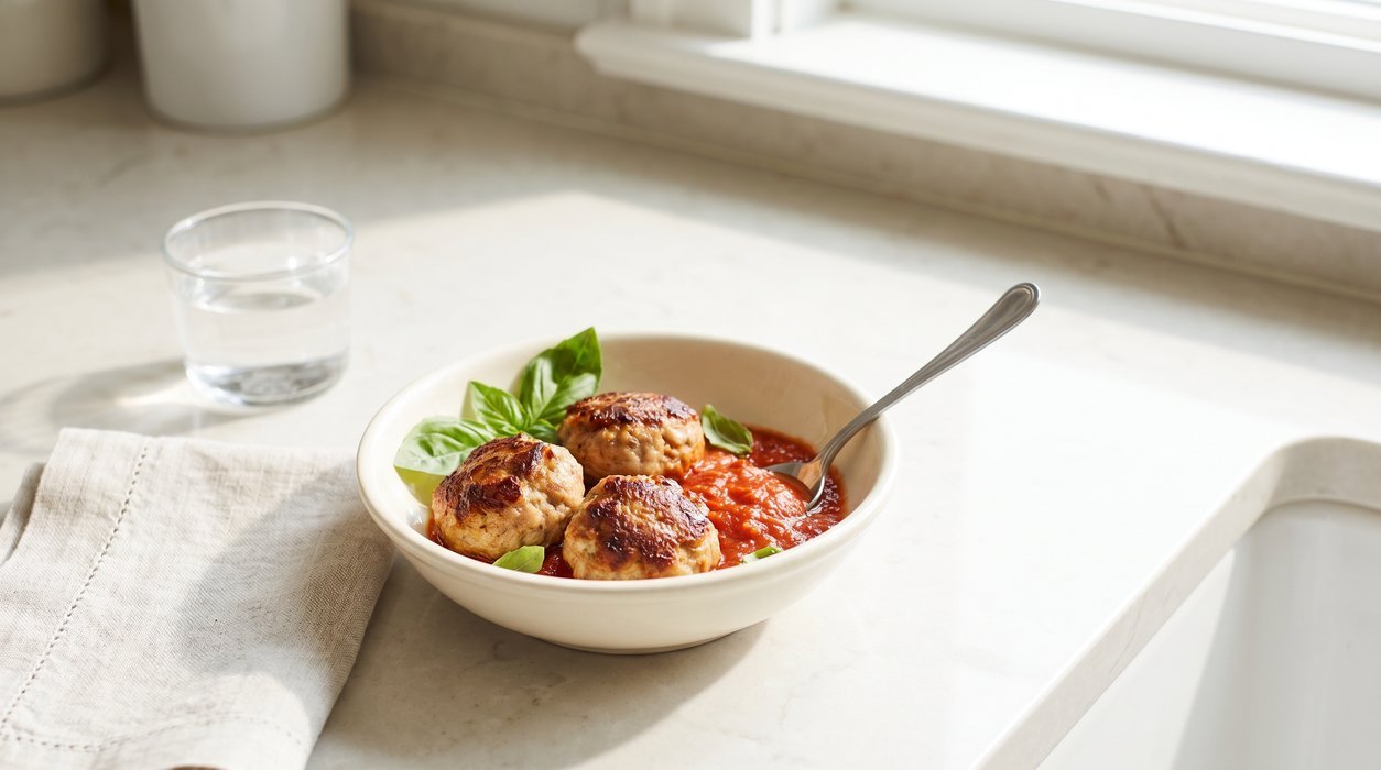 mini turkey meatballs with marinara in a small bowl