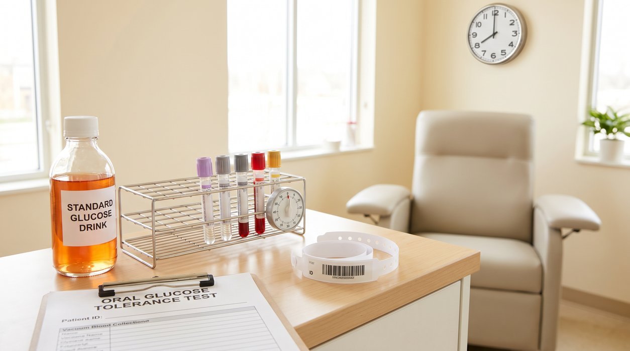 Glucose drink and blood collection tubes prepared for an oral glucose tolerance test