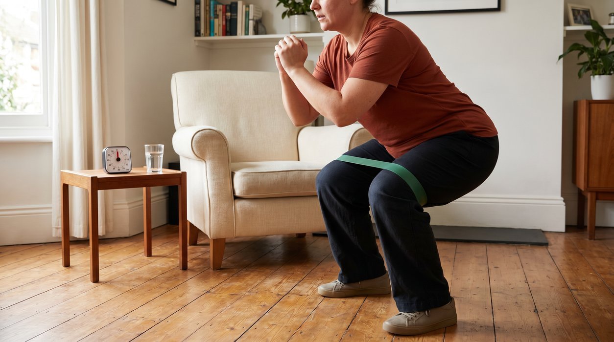 Adult using a resistance band and chair for strength training at home