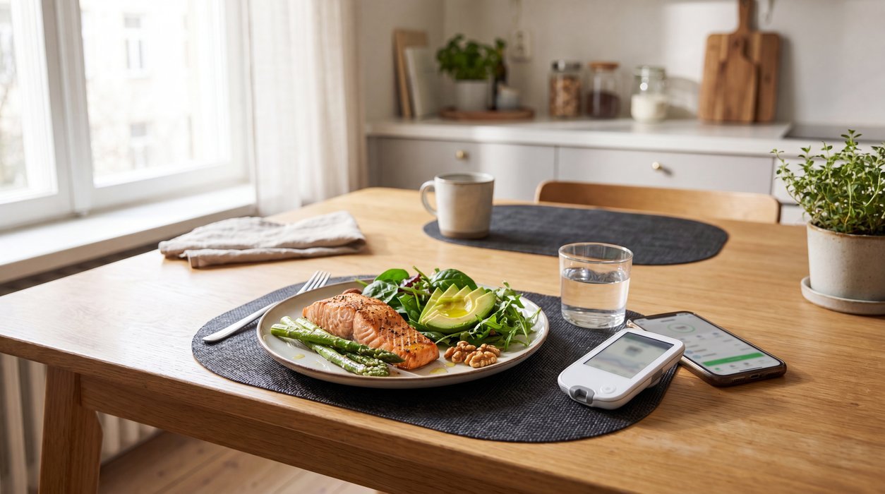 Keto for insulin resistance with low-carb meal and glucose meter in a real kitchen setting