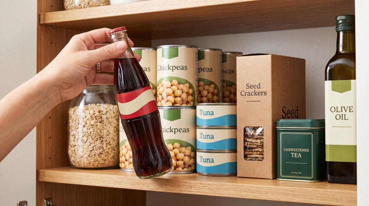 Foods to avoid for liver health shown in a realistic pantry swap from soda to oats and beans