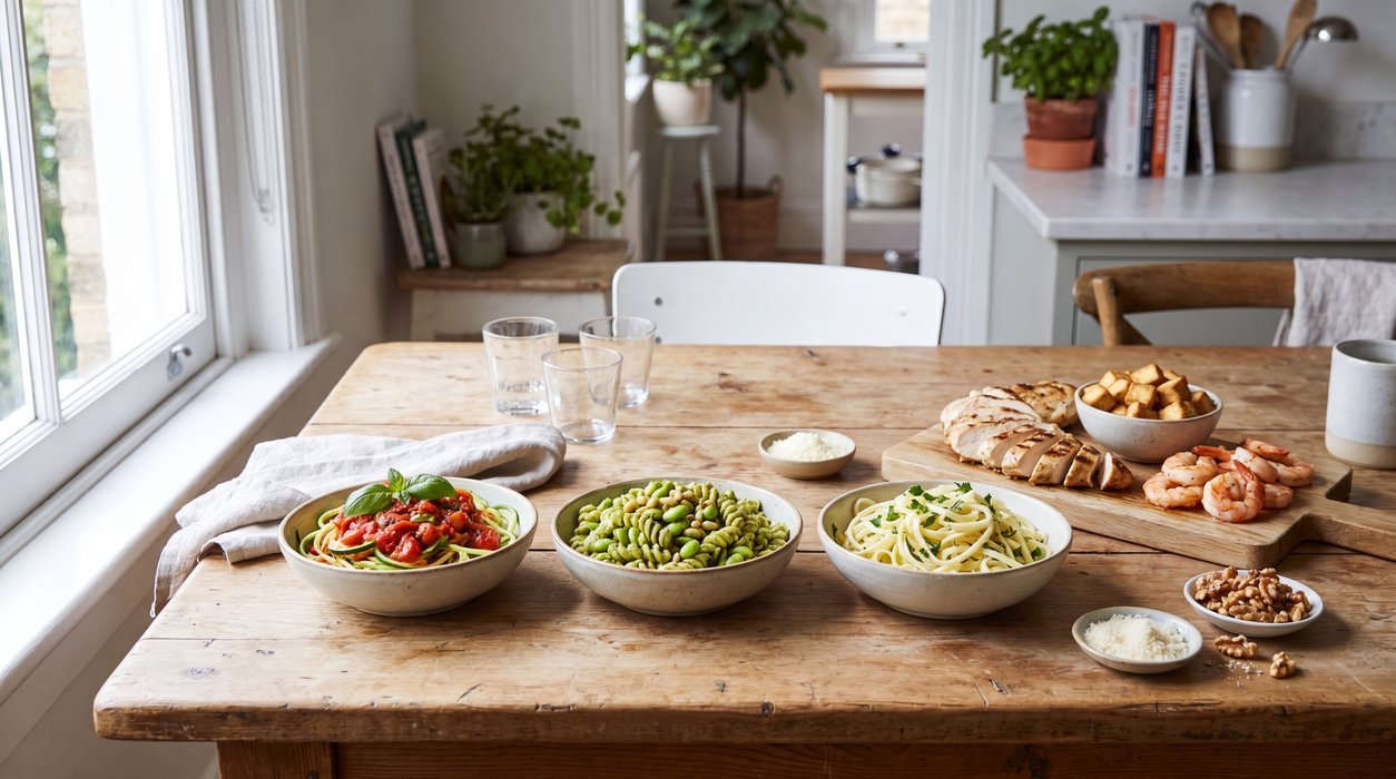 low-carb pasta alternatives served with thick sauces and protein