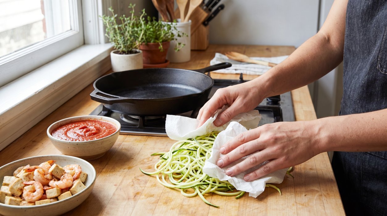 low-carb noodles prepared to reduce water before sauce is added