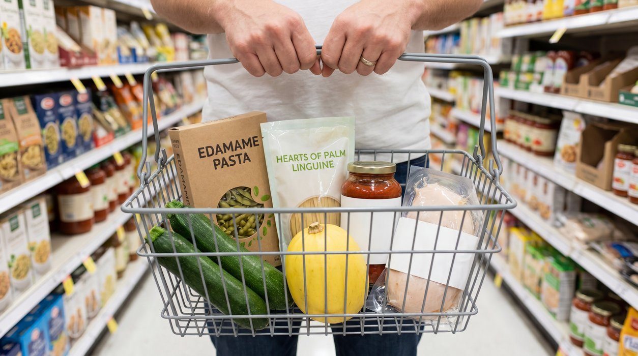 low-carb pasta alternatives chosen during a blood sugar-conscious grocery trip