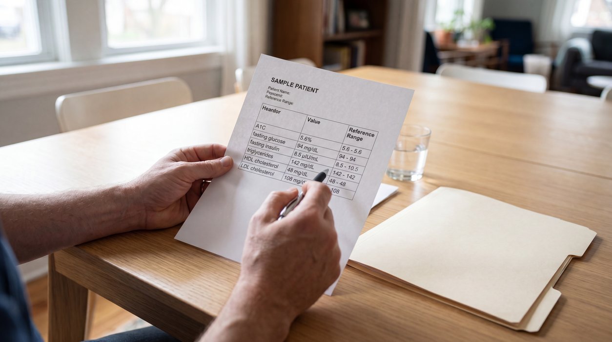 metabolic lab tests reviewed with A1C glucose and lipid results at home