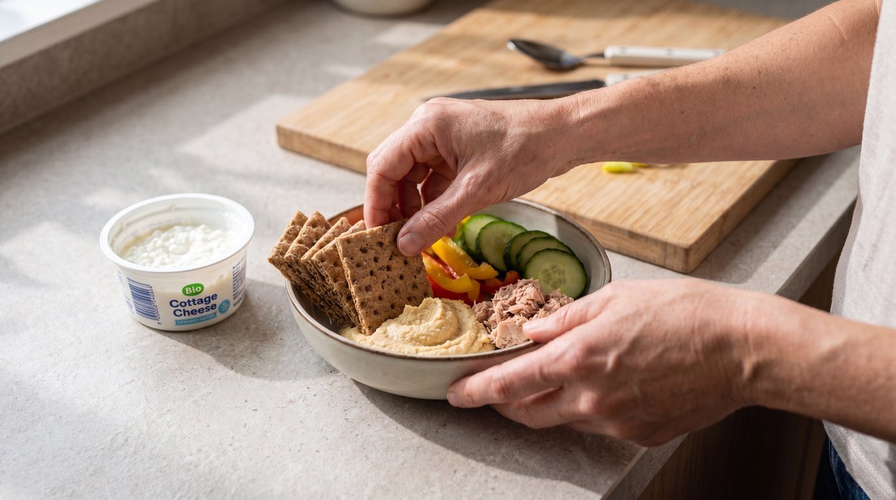 blood sugar balance snack with crackers hummus vegetables and protein