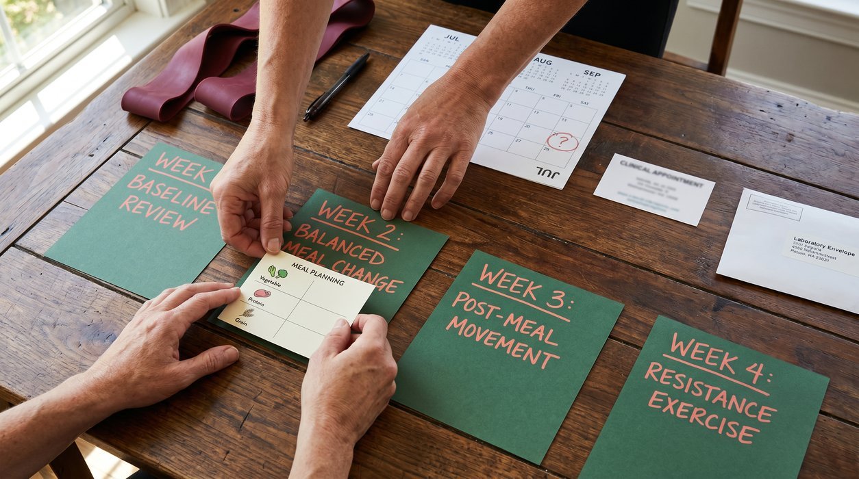 Four-week habit plan and three-month laboratory follow-up calendar