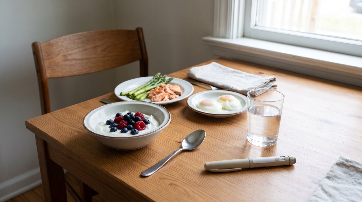 protein on GLP-1 medication with small high-protein meals and injection pen