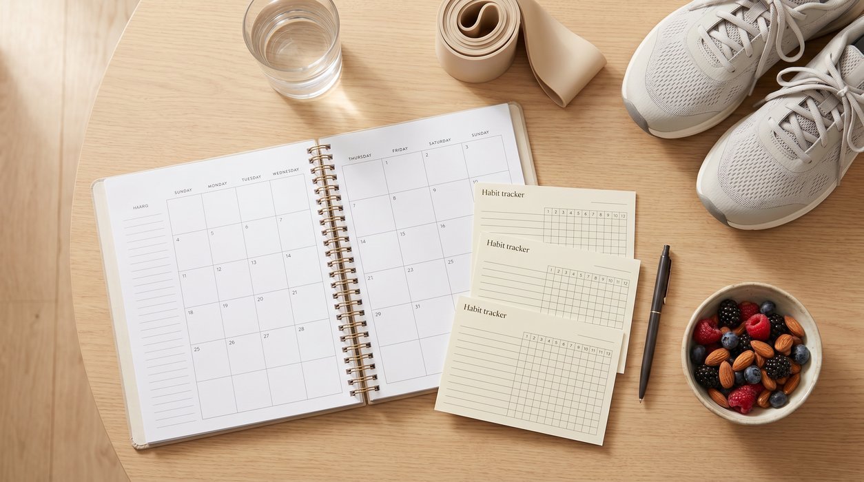 90-day wellness roadmap with habit zones for drinks, meal prep, walking shoes, resistance training, and follow-up notes.