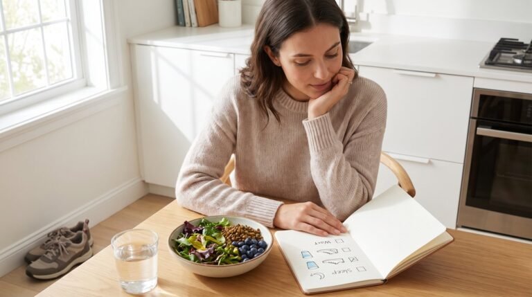 Woman planning a realistic fatty liver reversal women 90-day routine with healthy food, walking shoes, and lab notes on a kitchen table.