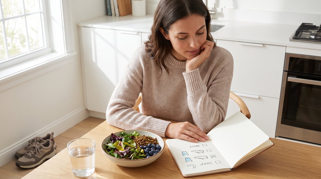 Woman planning a realistic fatty liver reversal women 90-day routine with healthy food, walking shoes, and lab notes on a kitchen table.