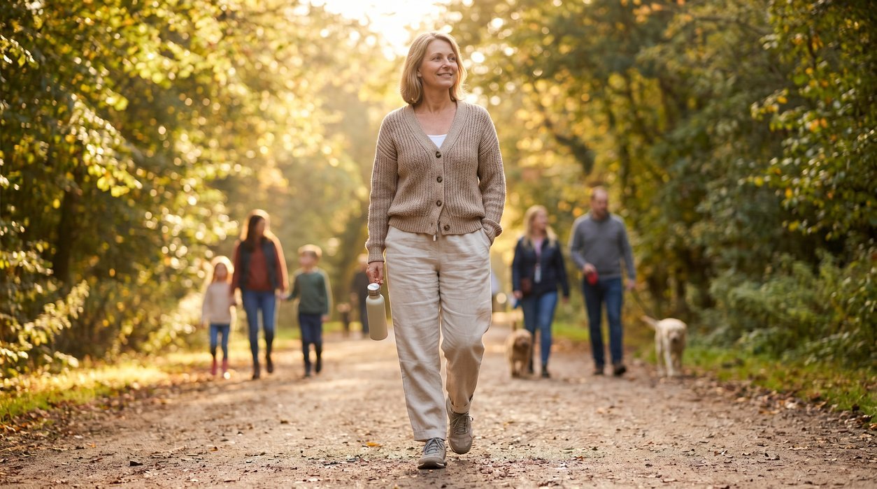 Woman taking a calm evening walk outdoors after dinner as part of a sustainable liver health routine.