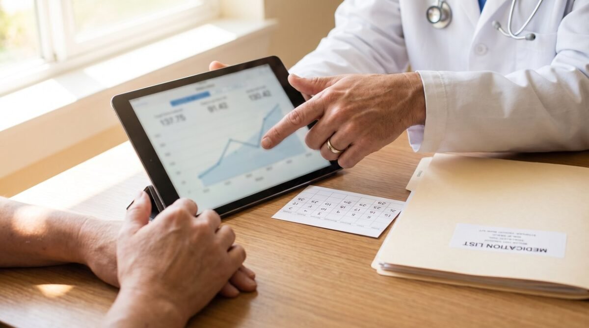 Patient and clinician calmly reviewing an A1C result and follow-up options