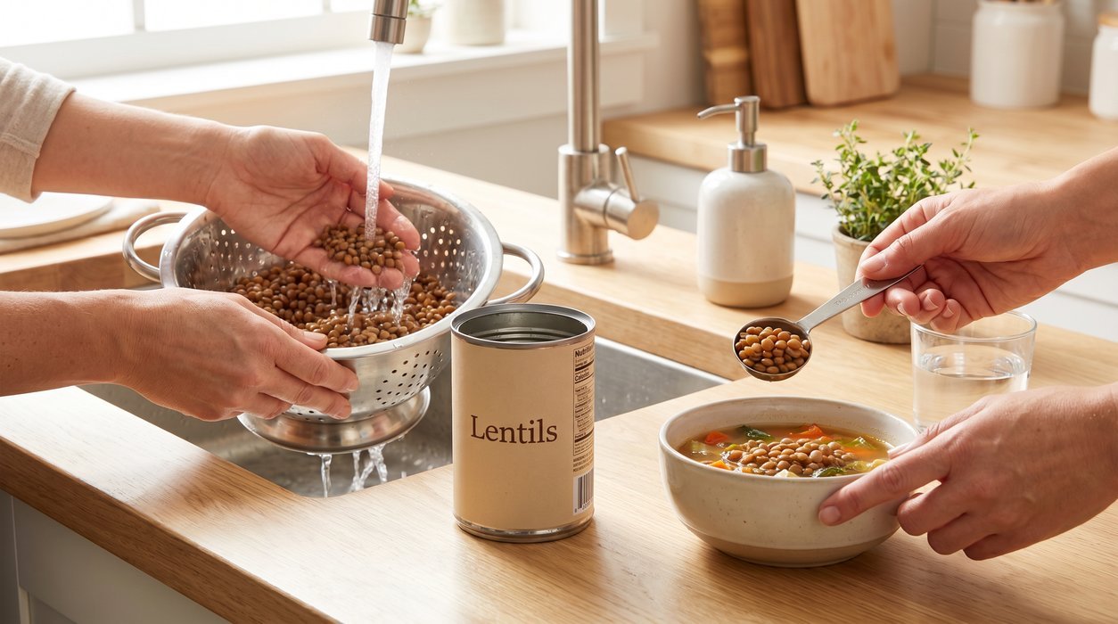 rinsed lentils added in a small measured portion