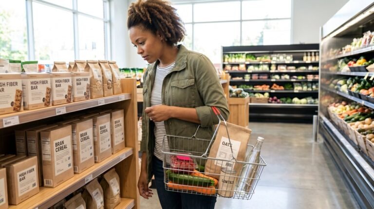 woman choosing gentle foods to add more fiber without bloating in a supermarket