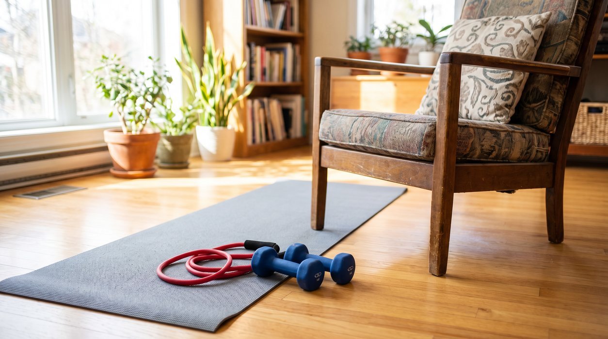 A beginner strength setup with a chair, mat, and resistance band in a bright living room