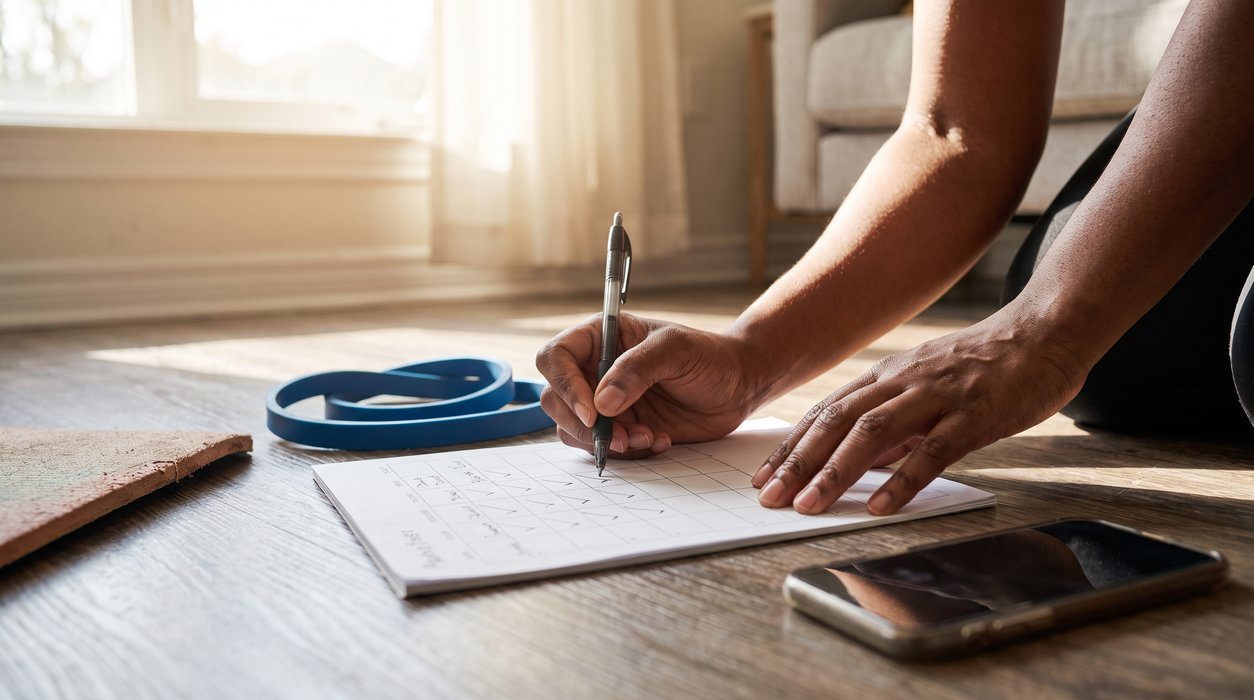 A woman placing checkmarks on a simple two-week strength plan after a home workout