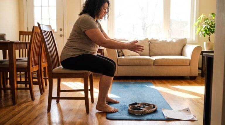 Beginner strength training metabolic health plan with home exercises laid out in a bright room