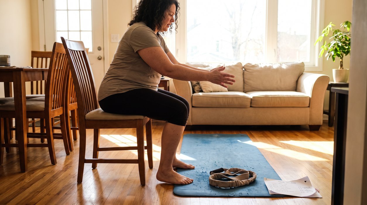 Beginner strength training metabolic health plan with home exercises laid out in a bright room