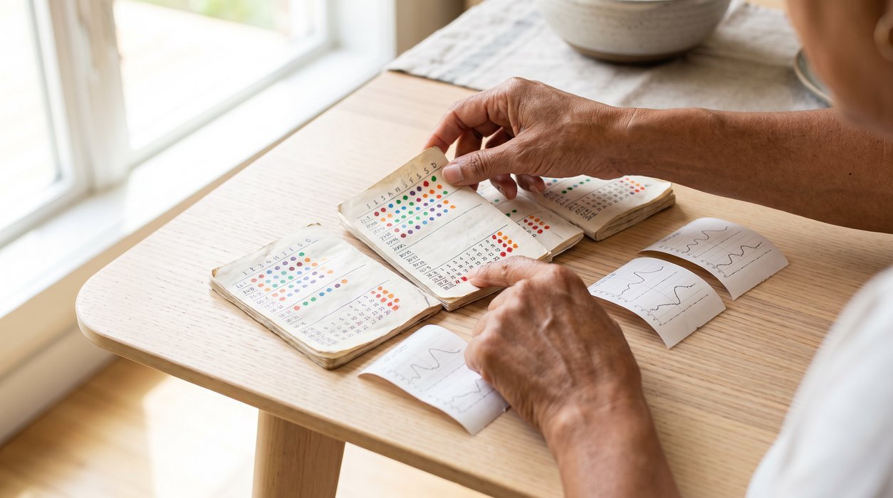 Hands comparing cycle dates with recurring glucose readings across several weeks
