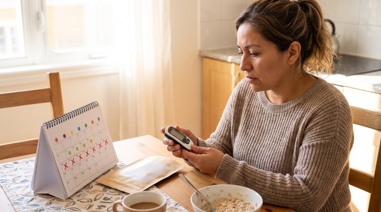 Woman reviewing blood sugar before period onset with a cycle calendar and glucose meter