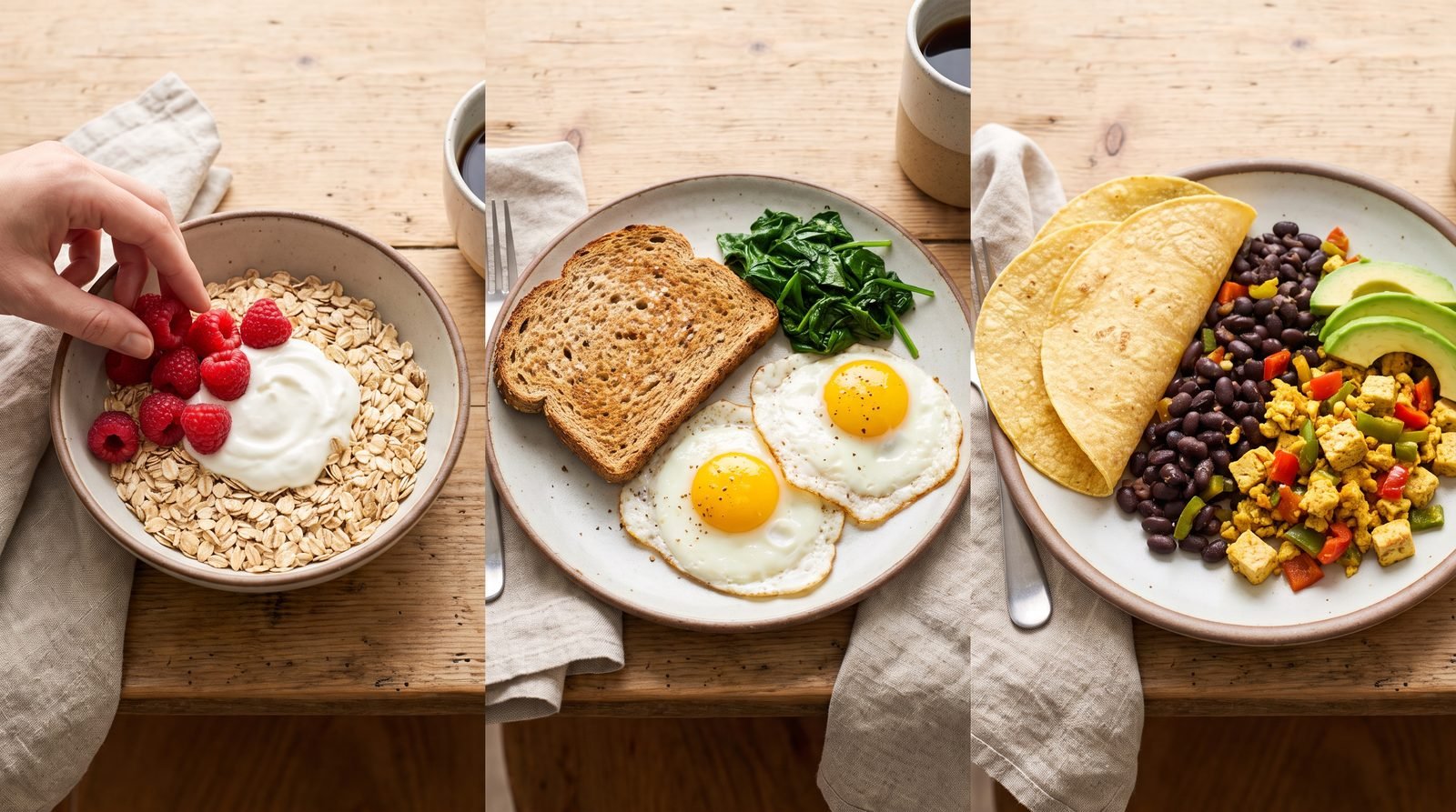 Oats, toast, and tortilla paired with protein and fiber for a blood sugar friendly breakfast