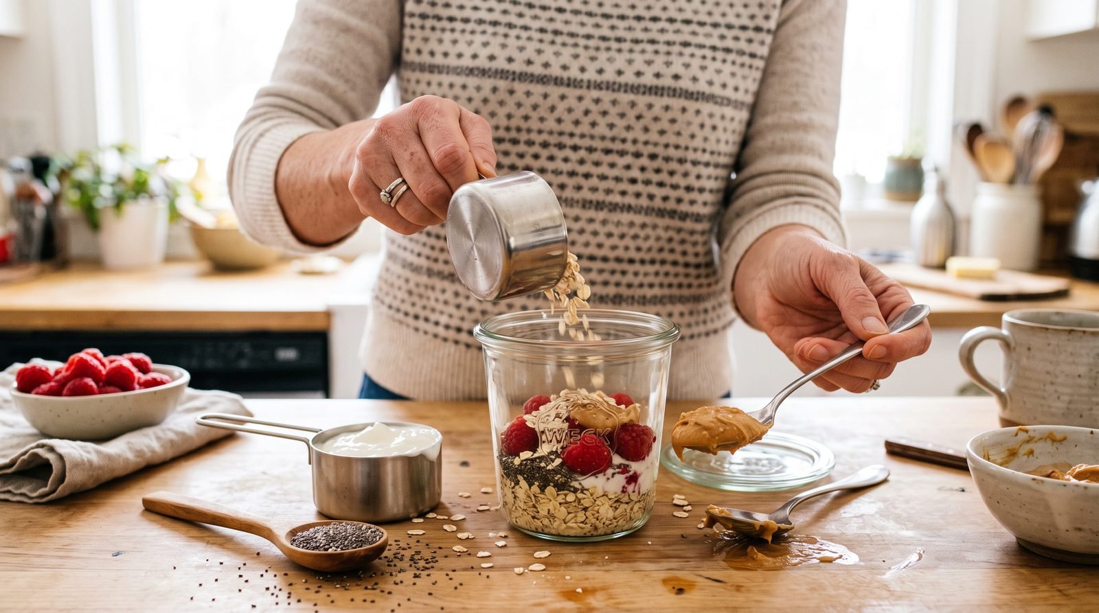 Hands assembling measured breakfast ingredients with carbohydrate protein and fiber