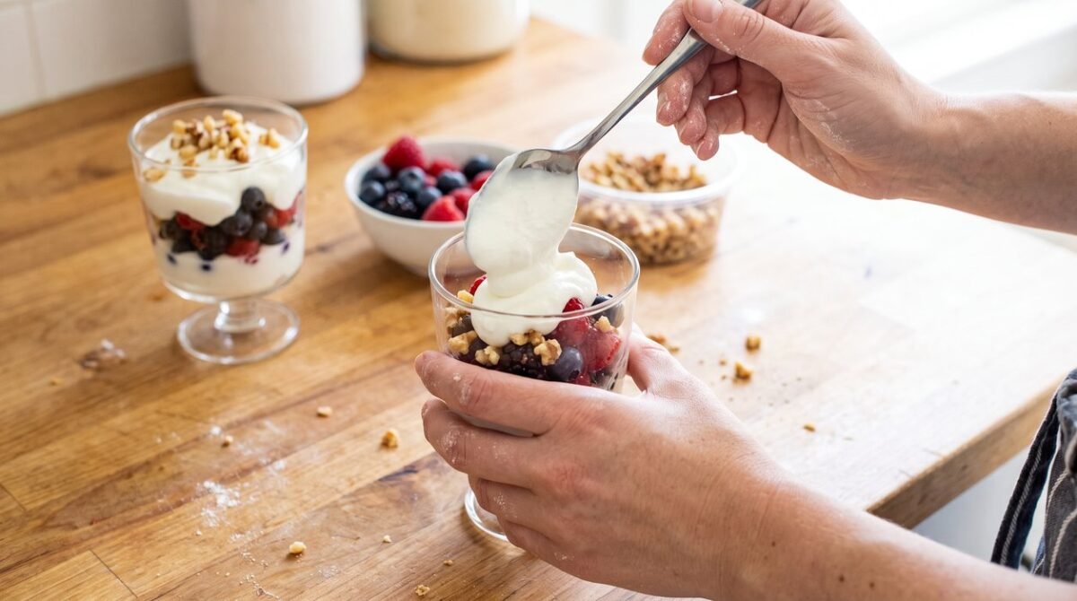 Hands layer plain yogurt, berries, and walnuts into a small dessert glass