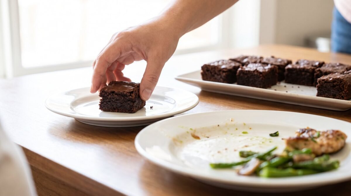 One black-bean brownie square is served after a balanced dinner