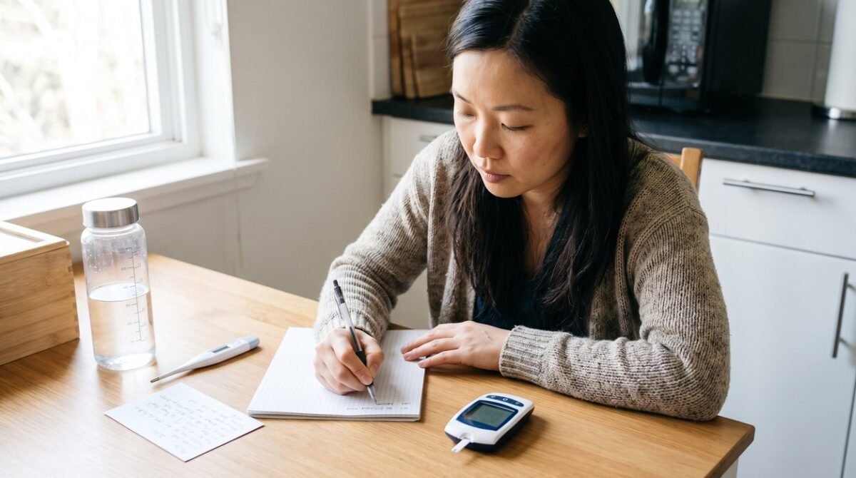 Woman checking blood sugar during illness beside a thermometer and sick-day record