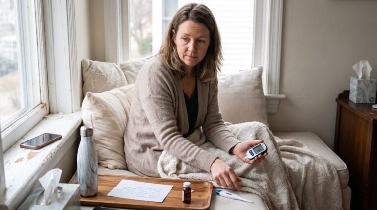 Blood sugar when sick checked beside a thermometer, water, and sick-day plan
