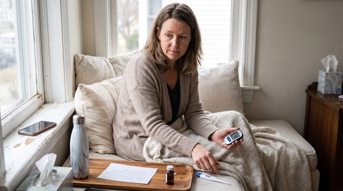 Blood sugar when sick checked beside a thermometer, water, and sick-day plan
