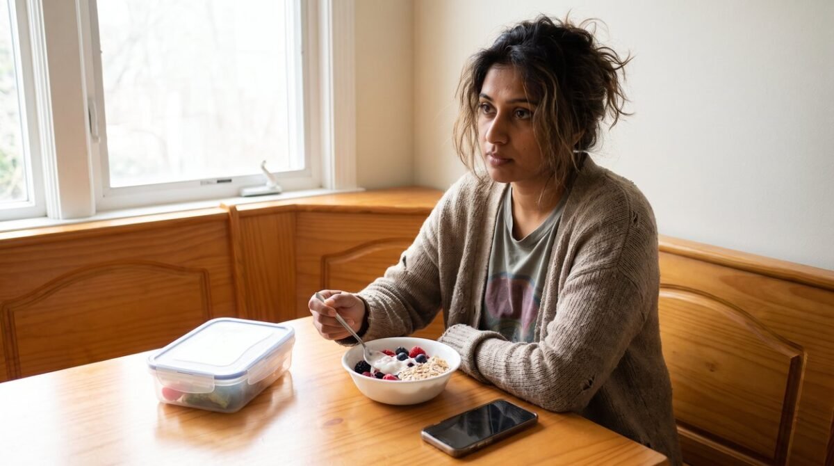 Tired woman assembling a simple yogurt and fruit breakfast