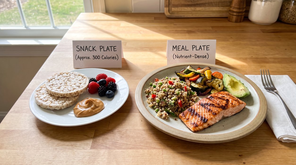 Calories vs nutrients meal choice with hands selecting a nutrient-dense plate over a small snack