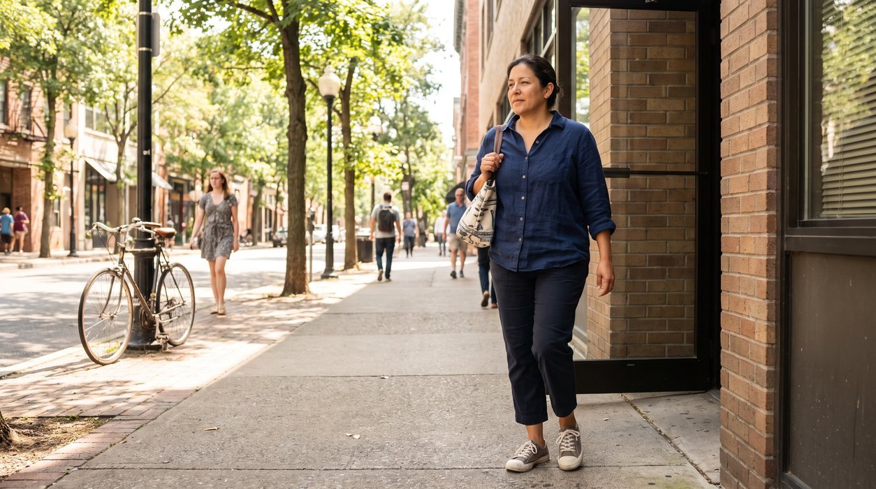 Woman taking a short post-meal walk as part of a calmer metabolic reset