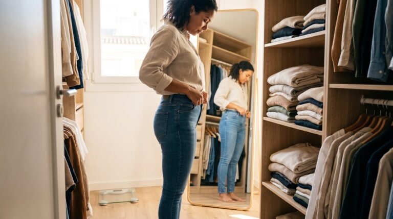 Woman noticing clothes tighter but scale same beside a bathroom scale