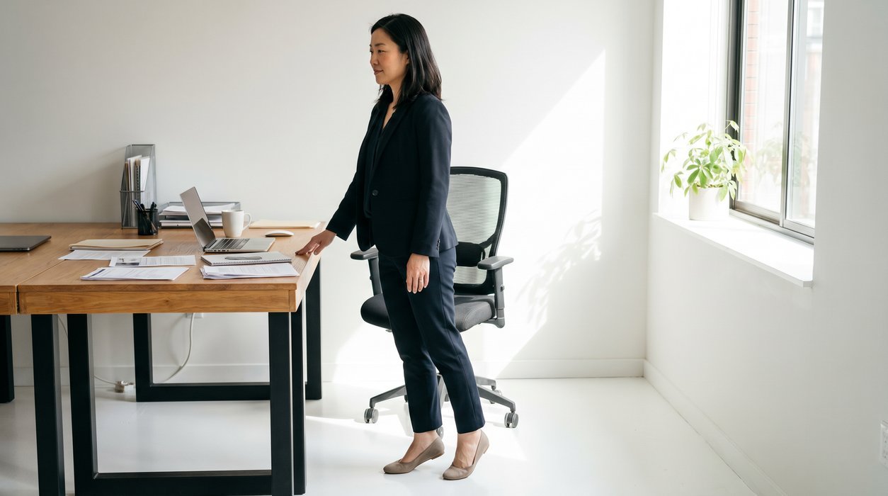 Woman taking a standing movement break beside her desk during a busy workday