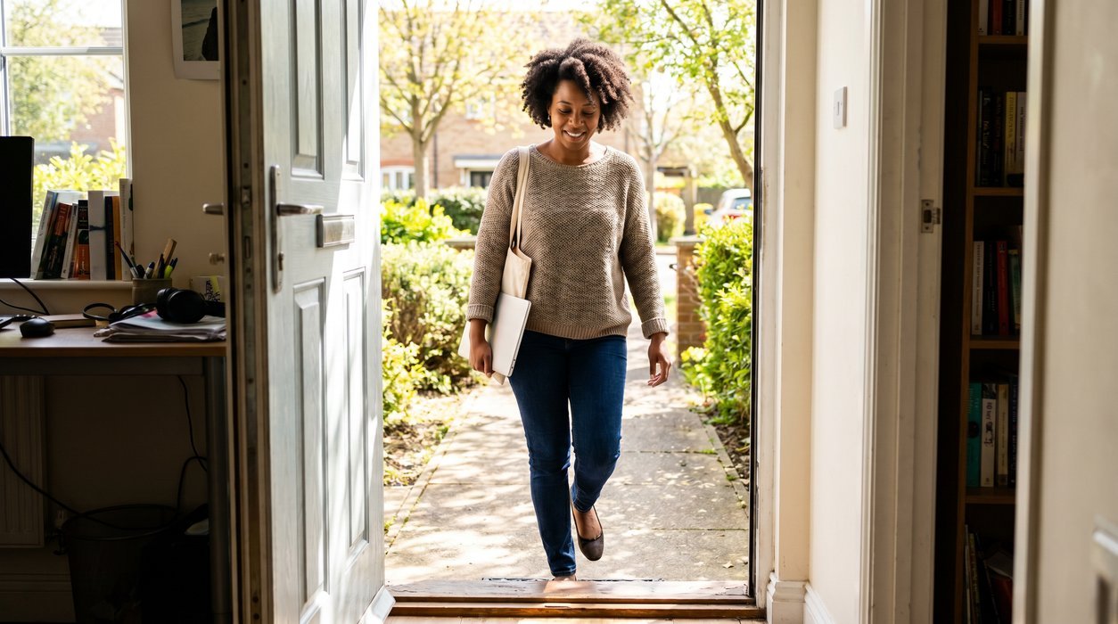 Remote worker stepping outside for a short transition walk after desk work