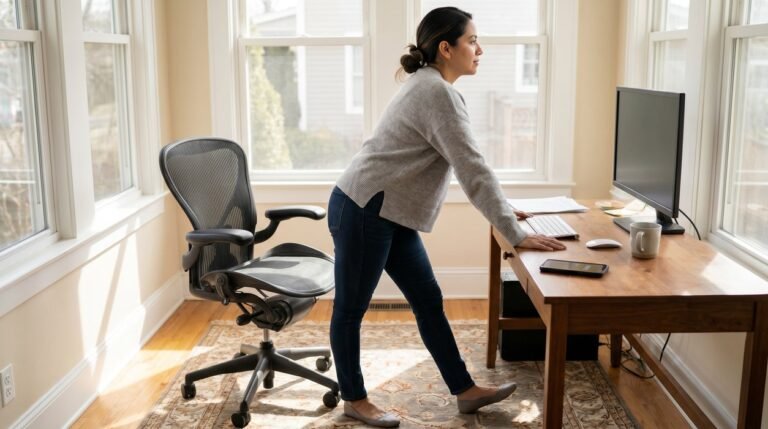 Daily movement for desk workers shown through a mid-afternoon standing break