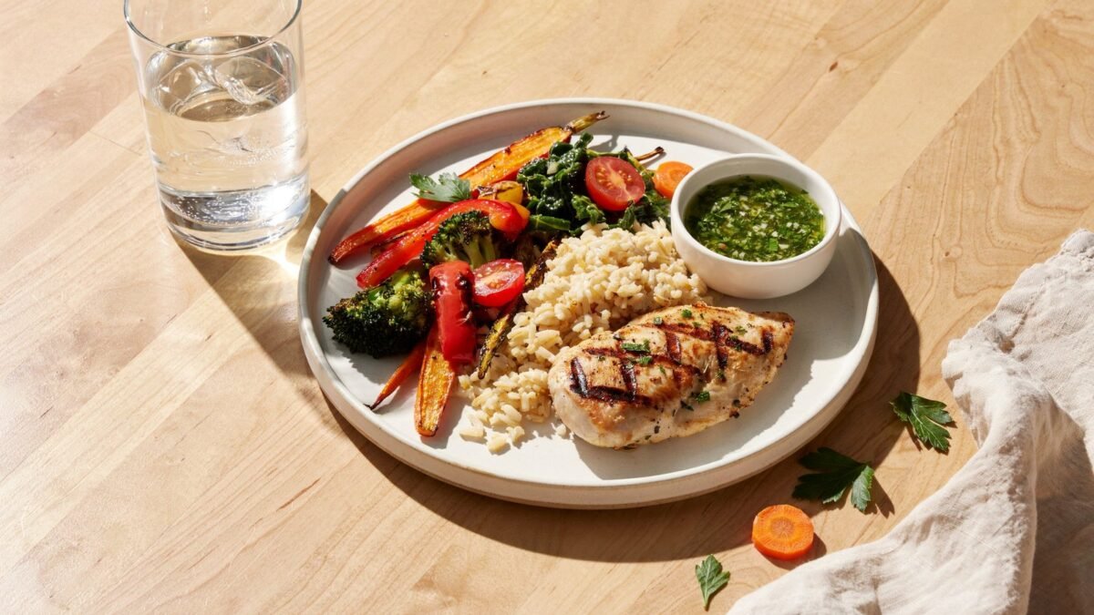 Balanced restaurant plate for eating out with insulin resistance with vegetables protein and rice