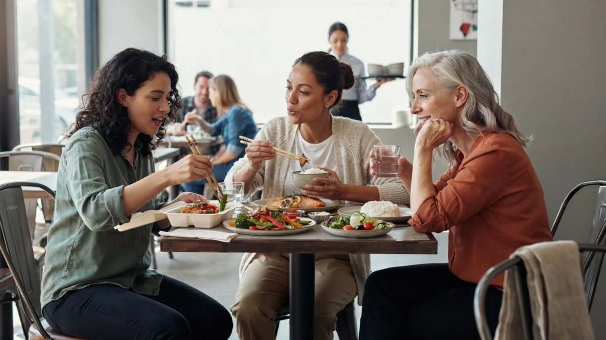 Friends sharing a restaurant meal with balanced vegetable protein and carbohydrate choices