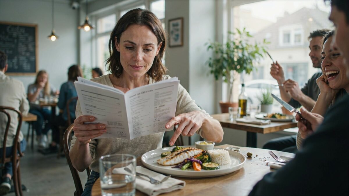 Woman eating out with insulin resistance while choosing a balanced restaurant meal