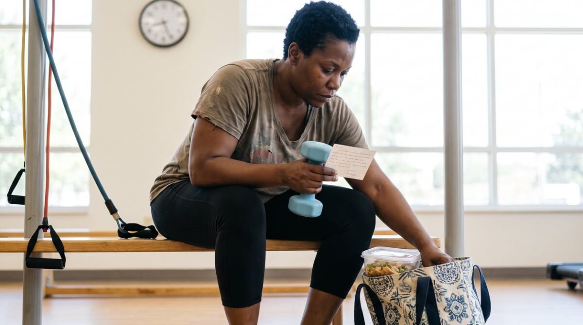 Woman pausing a low-energy workout while reviewing her training and meal pattern