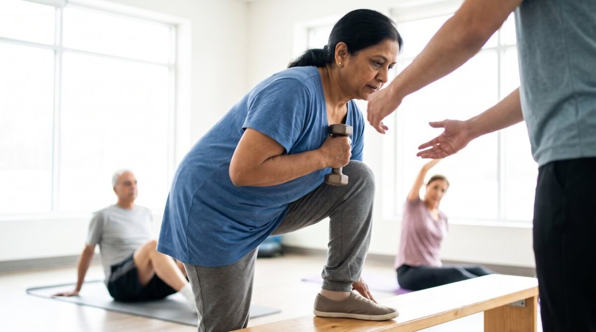 Postmenopausal woman doing a supported strength exercise in a bright community studio