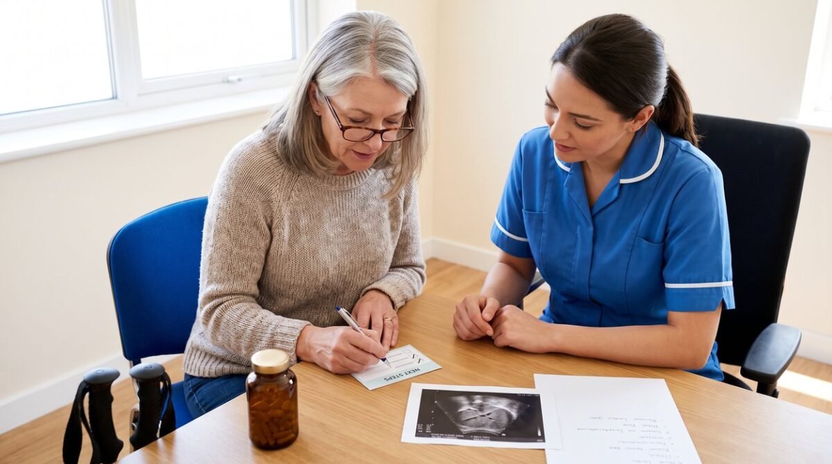 Woman planning changes for fatty liver after menopause with a clinician
