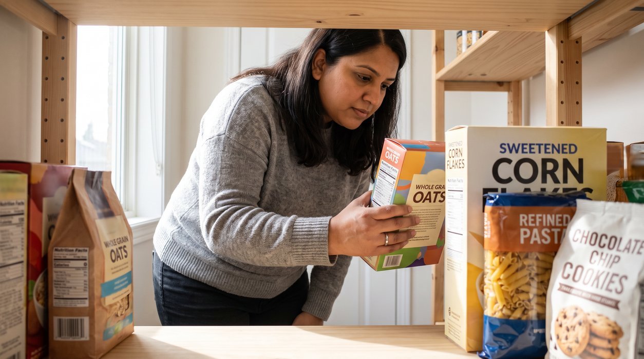 Midsize woman sorting pantry foods that can increase liver triglyceride pressure